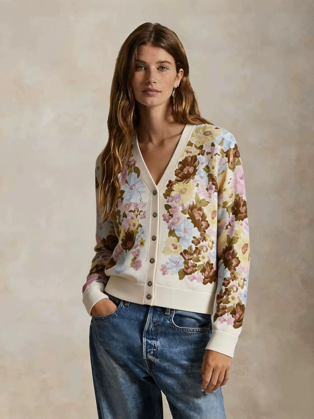 Zara Retro Classic Oil Painting Floral Jacquard Collar Knit Cardigan